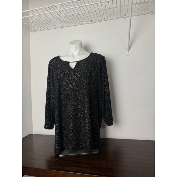 JM Collection Black, Sparkle Jacquard 3/4 Sleeve Blouse w/Detail on Neckline 3X - Picture 1 of 10